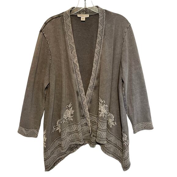 Coldwater Creek Embroidered Cardigan Womens Large Petite Gray Cotton Boho Topper - Picture 1 of 7